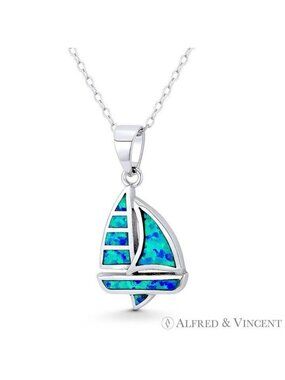 Longbow Sailboat Seafarer Charm Created Opal Pendant in .925 Sterling Silver